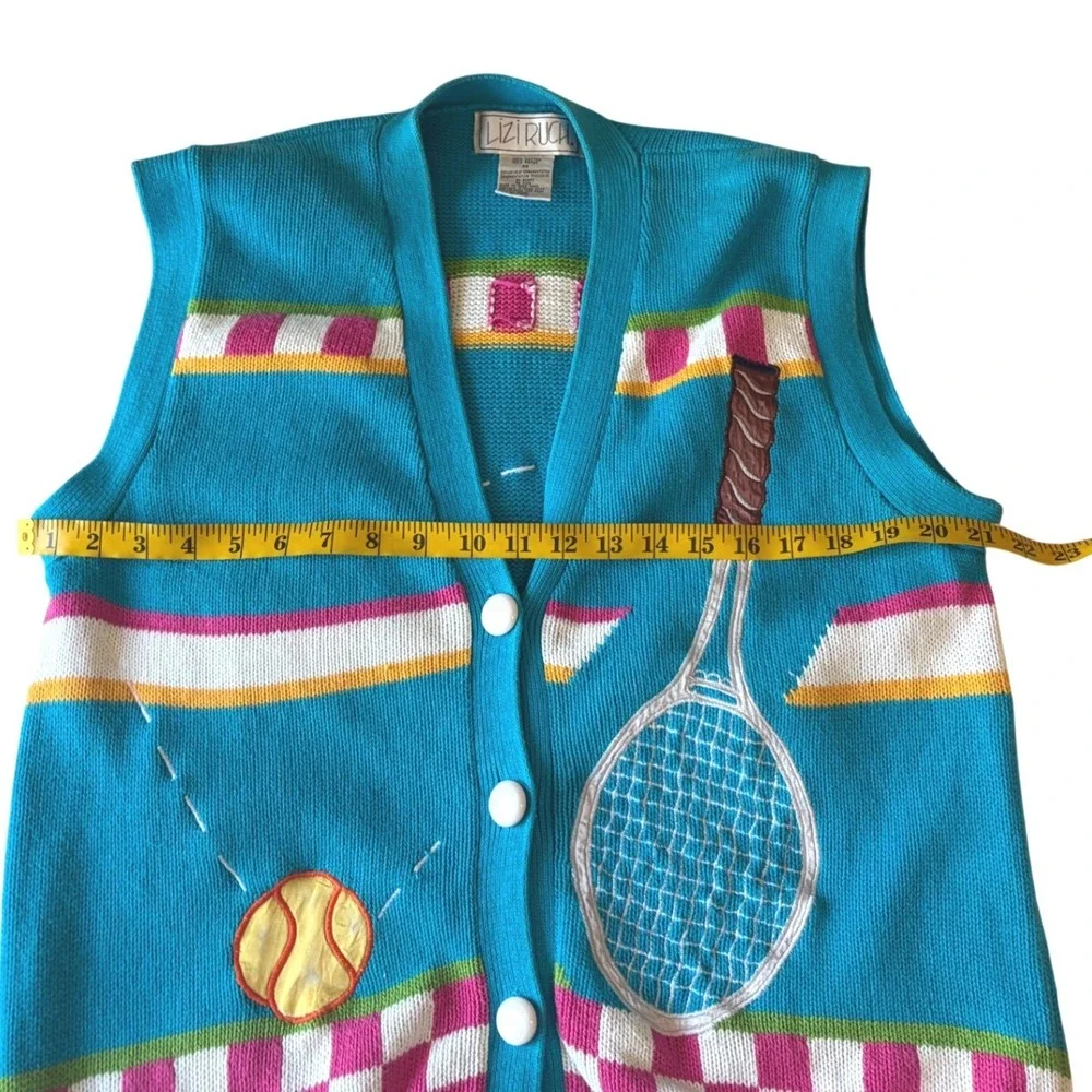 Lizi Ruch Vintage Tennis Sweater Vest Turquoise Blue Cotton Knit Cardigan Medium - Picture 7 of 10